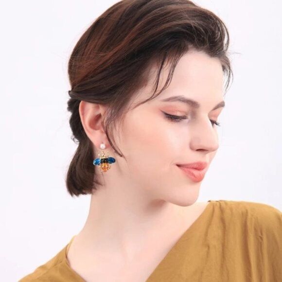 Blue Enamel Glaze Pearl Bumble Bee Gold Statement Dangle Earrings - Picture 3 of 8